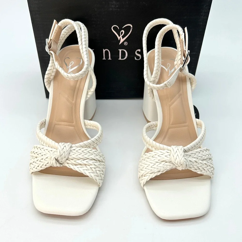 Windsor Chic Steps Womens Block Heels Sz. 6 White Braided Ankle Wrap Elegant NEW
